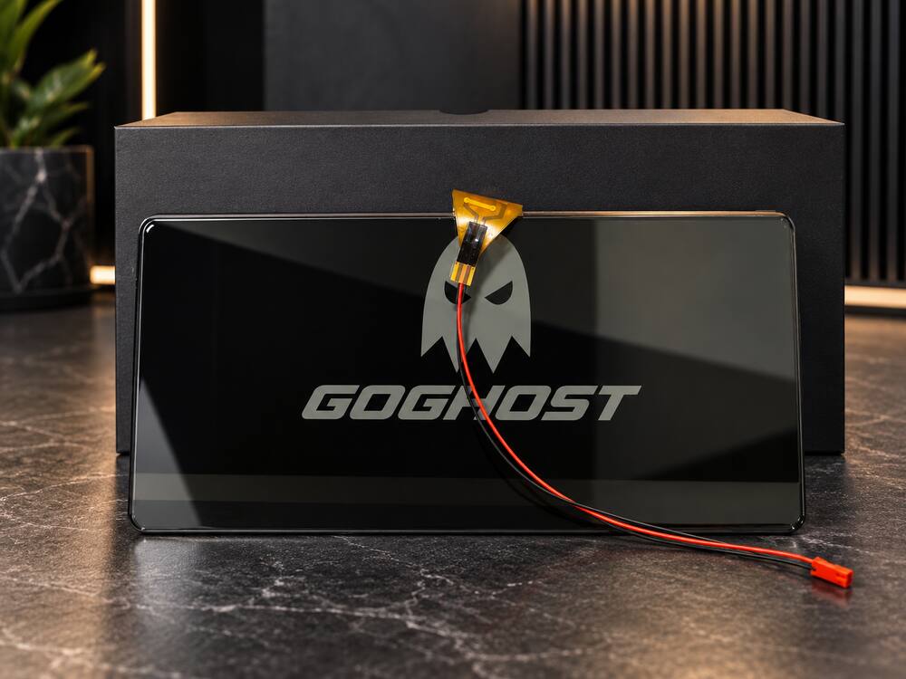 Ghost Blackout electric glass panel with wiring and connector beside its black GoGhost box