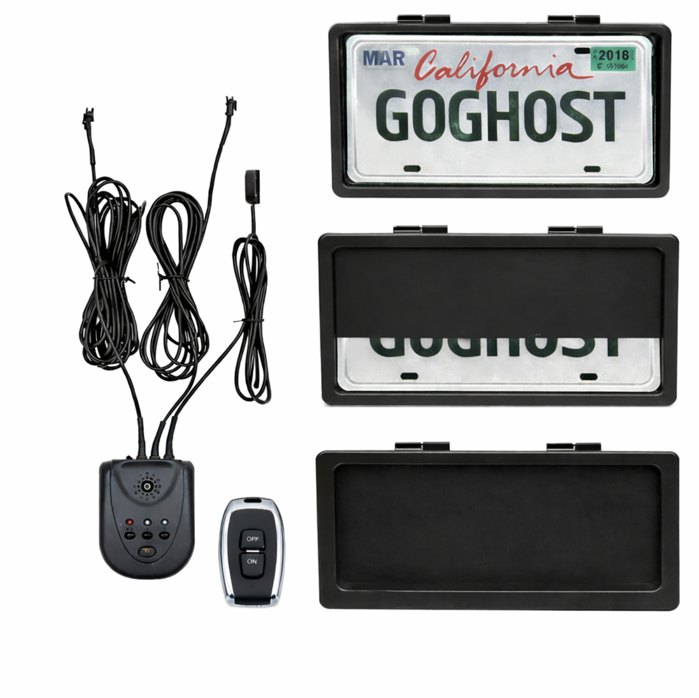 Complete kit contents โ plate, frames, wiring, remote