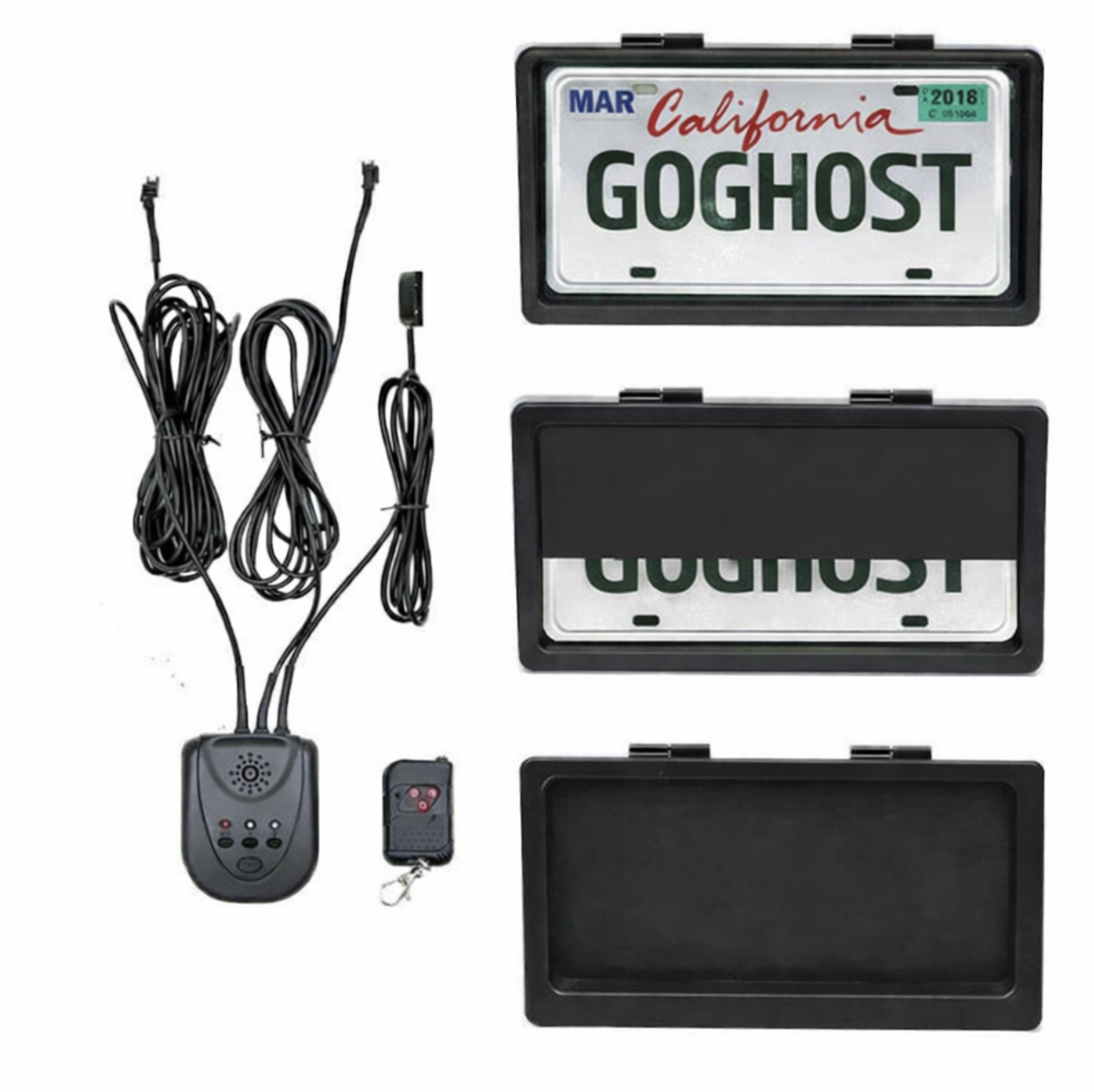 Complete kit contents — plate, frames, wiring, remote