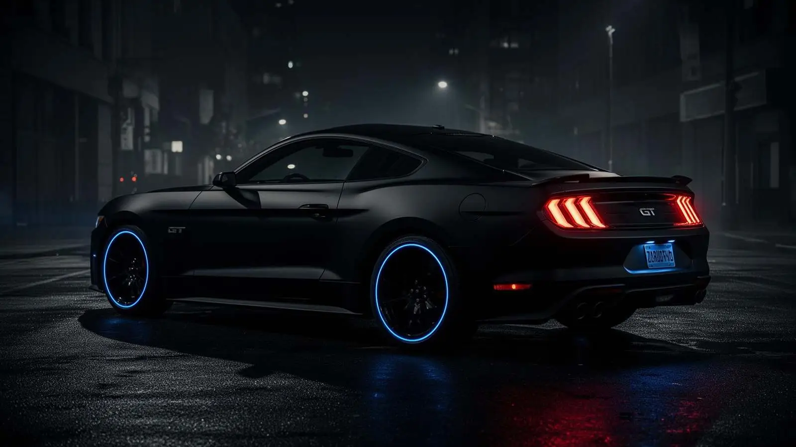 Stealth blackout license plate on a sports car at night